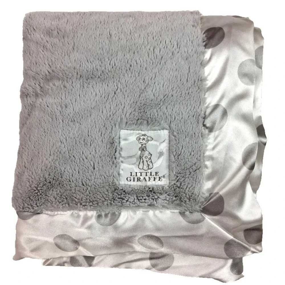 Little Giraffe Plush Gray White Polka Dot Satin Trim 32x36 Baby Blanket Soft